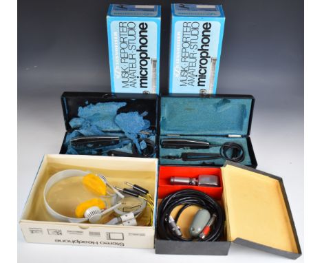 Two Sennheiser MD 412 LM directional studio microphones, HD 414 headset and a vintage ferrograph ribbon microphone 30/50 ohms