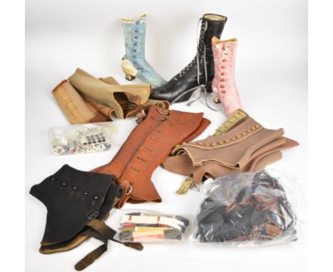 Collection of ladies shoes circa 1940s, gaiters, vintage laces, buttons and accessories and individual Victorian boots etc.