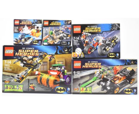 Five Lego DC Comics Super Heroes - Batman sets comprising Gotham City Cycle Chase 76053, The Penguin Face Off 76010, Clash of
