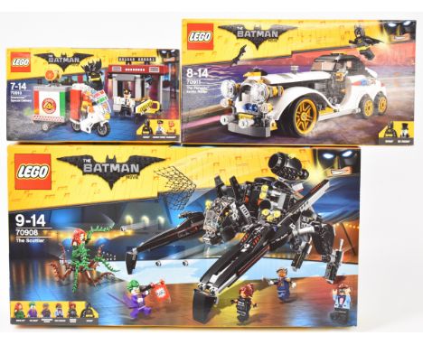 Three Lego The Batman Movie sets comprising The Scuttler 70908, Scarecrow Special Delivery 70910 and The Penguin Arctic Rolle