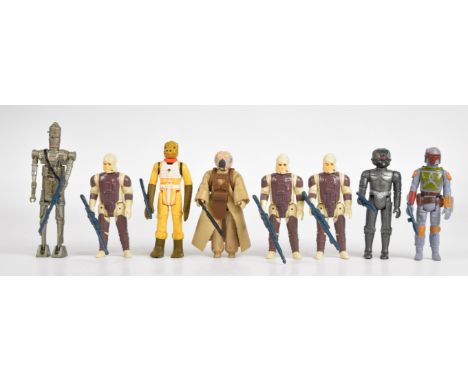 Eight vintage Star Wars Bounty Hunter figures by Kenner comprising Boba Fett, Bossk, IG-88, 4-Lom, Zuckuss and three Dengar, 