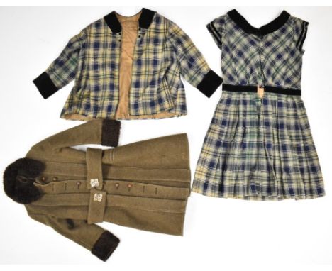 Edwardian girl's tartan dress and jacket with velvet trim and a green woollen overcoat