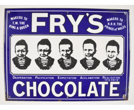 Fry's Five Boys Chocolate enamel confectionary advertising sign in white on blue ground, 37.5 x 51cm