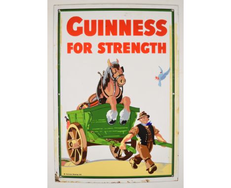 Guinness&nbsp;enamel advertising sign 'Guinness for Strength' with the Gilroy artwork of a man pulling pulling a cart with a 