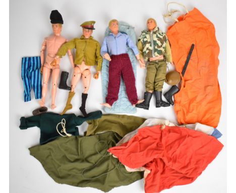 Four Palitoy vintage Action Man figures all with flock hair and one with Eagle Eyes, together with a small collection of clot