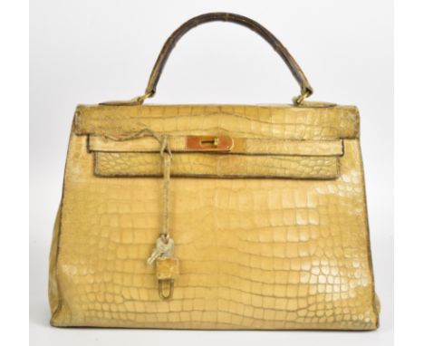 Herm&egrave;s Paris vintage designer natural crocodile skin 'Kelly' handbag with original padlock, keys and impressed mark, W