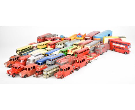 Forty vintage Corgi and Dinky diecast model cars, buses and trucks to include Chipperfield's Circus Horse Box, Commer 3/4 Ton