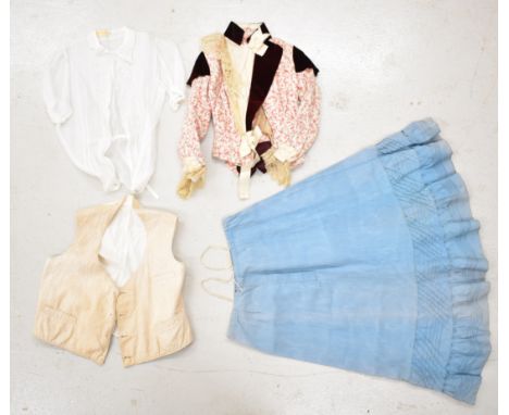 Victorian / Edwardian clothing comprising a blue skirt, red velvet and lace corseted blouse, waistcoat and French organdie bl