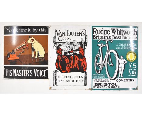 Three enamel advertising signs comprising Van Houten's Cocoa, 'His Master's Voice' HMV and Rudge-Whitworth Britain's Best Bic