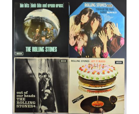 Seven Rolling Stones LPs with rare first pressings including Let it Bleed (LK5025) unboxed Decca label, inner sleeve has Lond