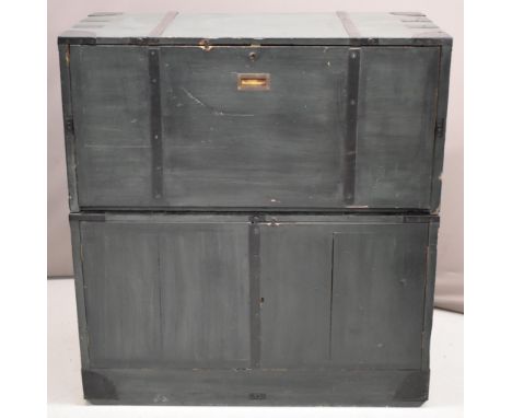 Campaign / captain's metal bound twin handled secretaire on cupboard, with screw fittings to fix them together or tether them