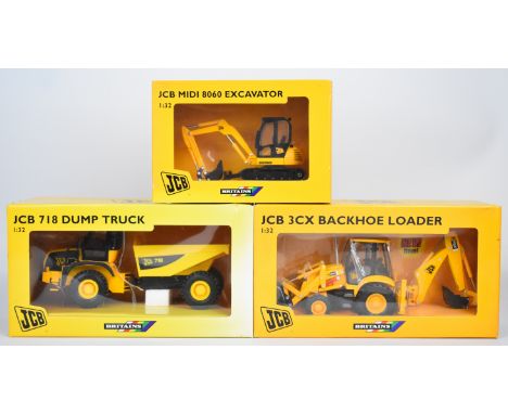 Three Britains 1:32 scale diecast model construction vehicles comprising 718 Dump Truck, 3CX Backhoe Loader and Midi 8060 Exc