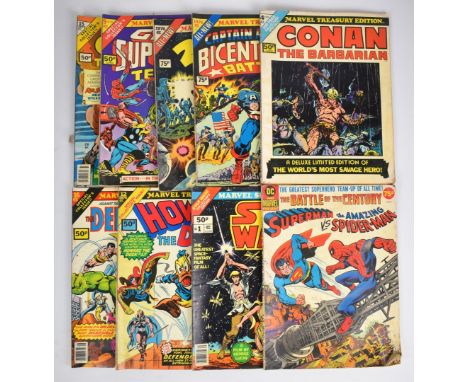 Nine Marvel Treasury Edition oversized comic books to include Star Wars, Howard the Duck, Superman vs The Amazing Spider-Man,