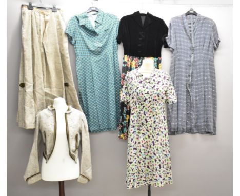 Four vintage 1940 / 50s dresses, jacket and skirt with piped decoration, would suit re-enactment, drama groups, Goodwood Revi
