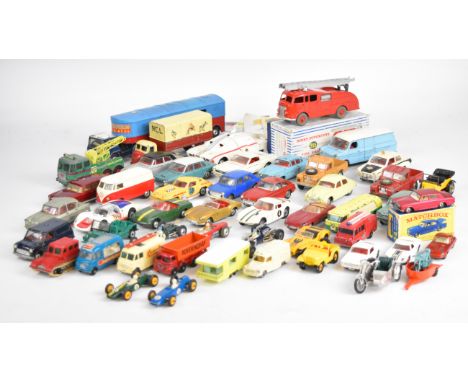 Fifty vintage Corgi, Dinky and Matchbox diecast model cars and trucks, to include Chipperfield's Circus Horse Box, Porsche Ca
