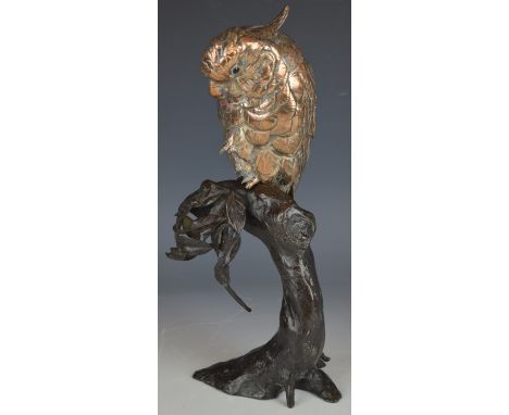 Japanese Meiji period silvered bronze okimono of a cockatoo, on naturalistic bronze base, the bird and base signed Mitani, ov