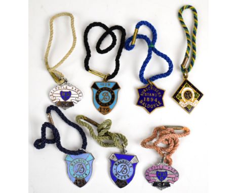 Seven Baldoyle Races metal and enamel horse racing badges including Subscribers Stand 1894, 1924 and 1938 examples