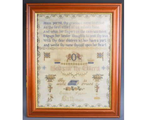 Embroidery sampler by Emma Spicer, Bath 1860 with six lines of verse above decorated&nbsp;designs of flags, Royal coat of arm