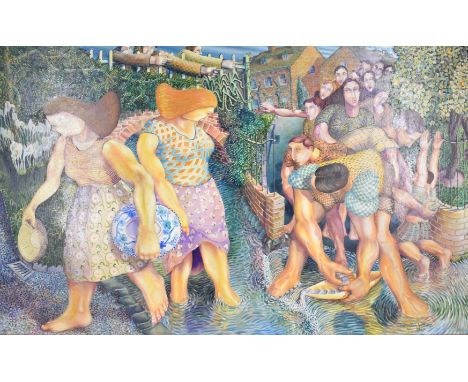 Kit Williams / Christopher Williams (b1946) oil on board entitled 'Patterned Plate' depicting a procession of people heading 