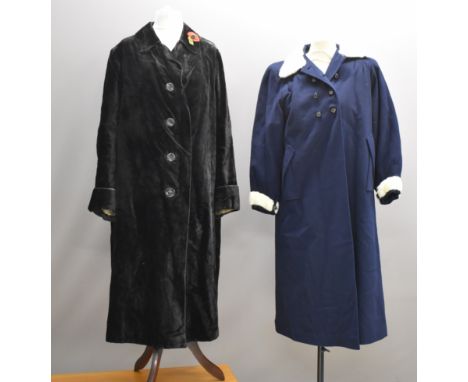 Two vintage circa 1940s ladies coats, black velvet and a woollen navy blue example with white trim, would suit re-enactment, 
