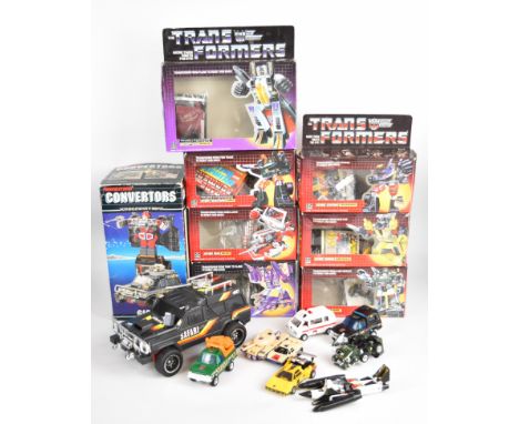 Seven vintage Transformers action figures by Hasbro / Takara (1984/85) comprising Hound, Trailbreaker, Sunstreaker, Hoist, Ra