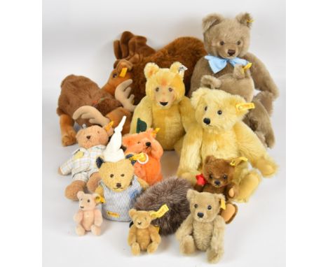 Fourteen modern Steiff Teddy bears and animals, each with original yellow tags and button in ear, tallest 40cm.