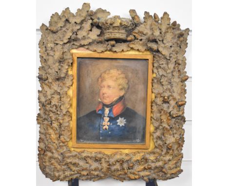 Regency watercolour portrait, believed Prince Regent, later George IV, 19 x 15cm, in ornate carved giltwood frame with acorns