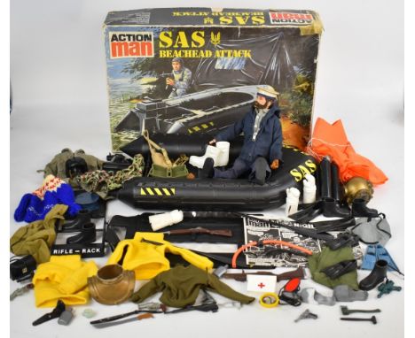 Palitoy Action Man SAS Beachhead Attack set, together with one flock haired figure and a collection of clothing and accessori
