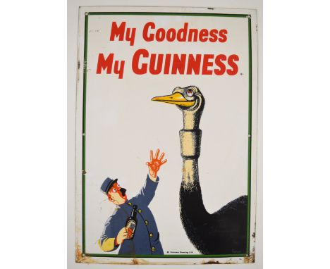 Guinness&nbsp;enamel advertising sign 'My Goodness, My Guinness' with the Gilroy artwork of a zoo keeper and ostrich with pin