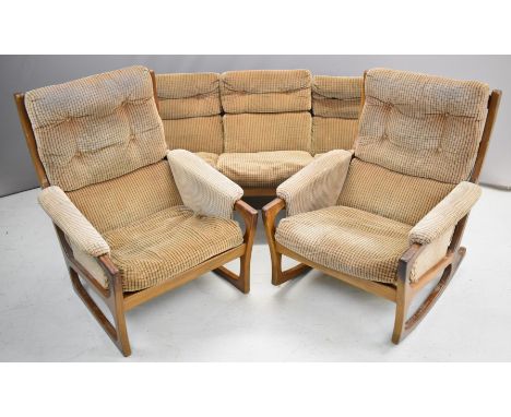 Mid century modern teak Scandi / G Plan sofa, armchair and rocking chair, largest W177 x D82 x H72cm