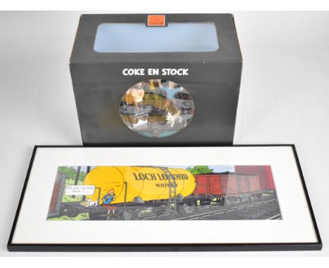 Tintin 'Coke en Stock' metal figurine diorama by Herge / Moulinsart, in original box together with a framed print 22 x 49cm.