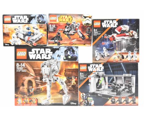 Five Lego Star Wars sets comprising Dark Trooper Attack 75324, AT-ST Walker 75153, First Order Transport Speeder 75166, Shado