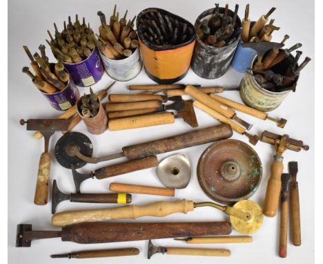 Interesting collection of approximately 130 vintage book-binding and leather worker's hand tools to include decorative roller