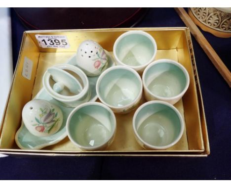 Susie Cooper condiment set and five egg cups, in the Dresden Spray pattern. Not available for in-house P&amp;P