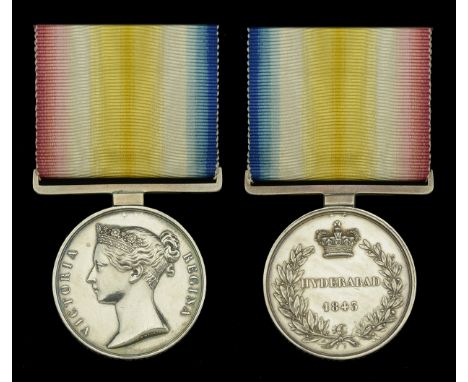 The rare Scinde campaign medal for the battle of Hyderabad awarded to Acting Master B. Higgins, Indian Marine, commanding the