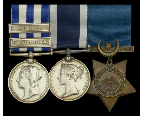 The rare Abu Klea group of three awarded to George Holden Woodman, Engine Room Artificer in the Safieh during her epic rescue