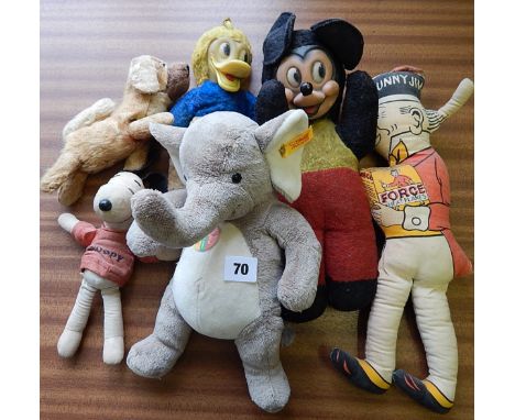 WHEATFLAKES SUNNY JIM, STEIFF MODERN ELEPHANT, WALT DISNEY DONALD DUCK, RUBBER TOYS & OLD TEDDY BEAR