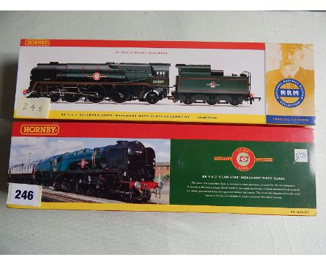 HORNBY MERCHANT NAVY CLASS LOCOMOTIVES R 2169 35028 CLAN LINE, & R2294 35029 ELLERMAN LINES NRM SPECIAL MODEL, BOTH BOXED