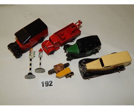 DINKY TOYS AA MOTORBIKE & SIDE CAR, ROYAL GR POST VAN, EARLY BREAKDOWN CRANE TRUCK NO BASE PLATE, GREEN BLACK TAXI, AMBULANCE