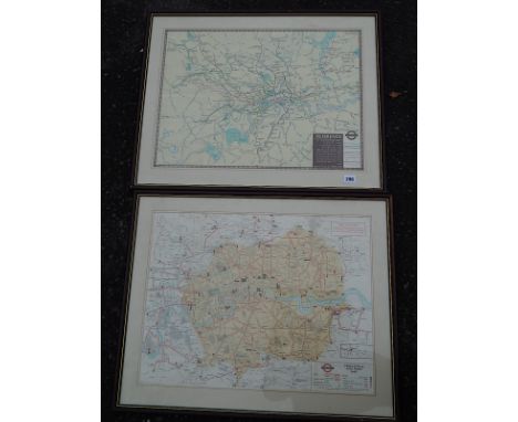 TWO FRAMED LONDON TRANSPORT FRAMED LEAFLET MAPS 1934 TROLLEYBUS ROUTE MAP & EARLY UNDERGROUND PRE GROUPING ? MAP FRAMED