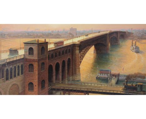 Gherman Alexeyvich Komlev (Russian, 1933 - 2000) "Mississippi River Bridge" Likely Eads Bridge (St. Louis). Signed lower righ