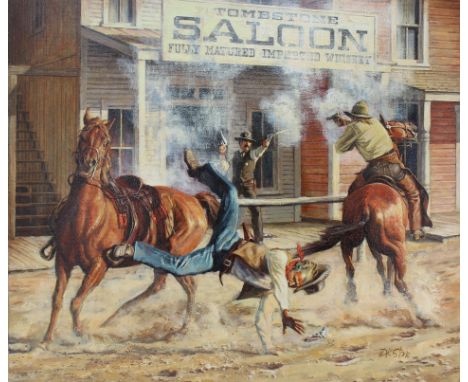 David K. Stone (American, 1922 - 2001) "The Shootout" Signed lower right. Original Oil painting on Canvas. Provenance: Collec