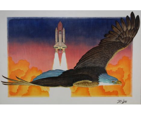 David K. Stone (American, 1922 - 2001) "Space Shuttle and Eagle II" Signed lower right. Original Oil painting on Masonite. Pr