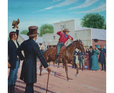 Ed Vebell (American, 1921 - 2018) "First Pony Express" Signed lower right. Original Acrylic painting on Masonite. Provenance: