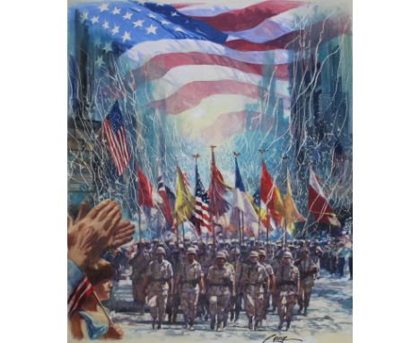 Dennis Lyall (American, B. 1946) "Desert Storm Triumph Parade" Signed lower right. Original Oil painting on Canvas board. Pro