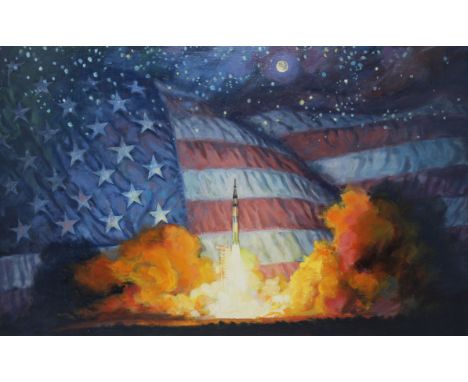 David K. Stone (American, 1922 - 2001) "Rocket Launch" Original Oil painting on Masonite depicting a rocket launch with an Am