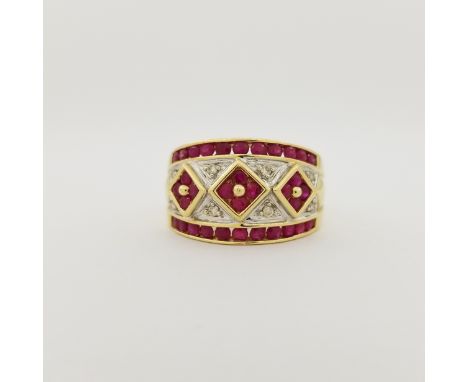 14K Gold Ruby &amp; Diamond Ring. Stamped inside band. Ring Size: 8.25 Total Weight: 6.8 g - All silver, gold and/or jewelry 