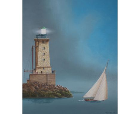 Keith Reynolds (American, B. 1929) "Lighthouse and Sailboat" Signed lower right. Oil on Canvas Board. Provenance: Collection 