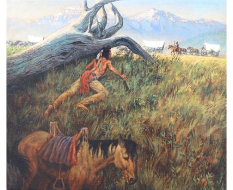 David K. Stone (American, 1922 - 2001) "The Indian Scout" Signed lower right. Original Oil painting on Canvas. Provenance: Co