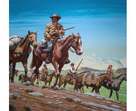 Ed Vebell (American, 1921 - 2018) "Santa Fe Trail" Signed lower right. Original Acrylic painting on Illustration Board. Prove